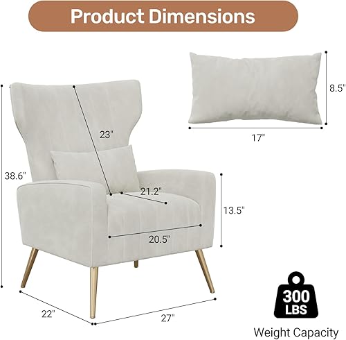 Miniatura 2 de Silla decorativa de terciopelo con respaldo alado para sala de estar, sillón de respaldo alto con patas doradas, almohada lumbar, sofá individual