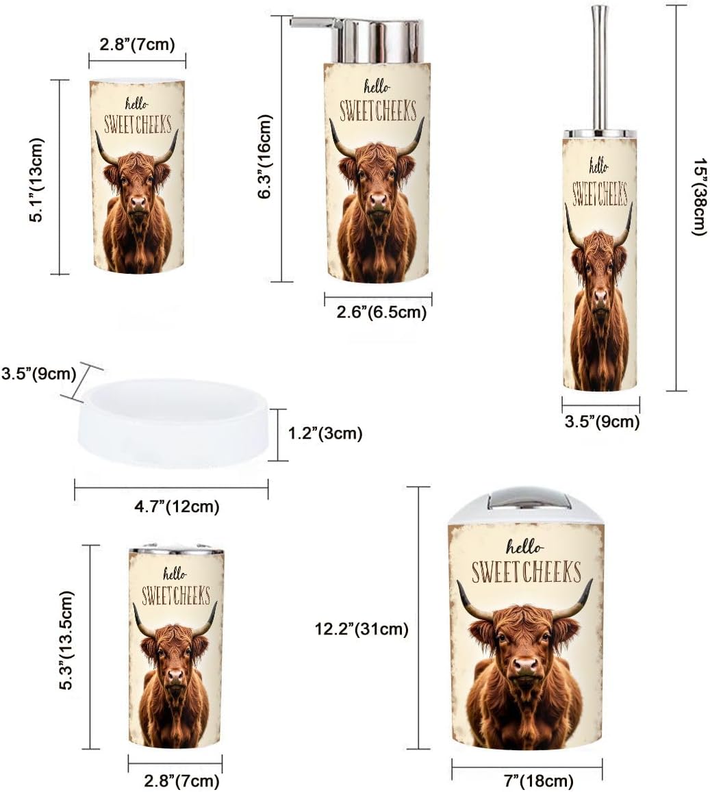Bathroom Accessories Set 6 Pcs Highland Cow Bathroom Decor Rustic Western Wood Sign Long Horns Shaggy Toothbrush Holder Cup Soap Dispenser Soap Dish Toilet Brush Holder Trash Can for Countertop Decor