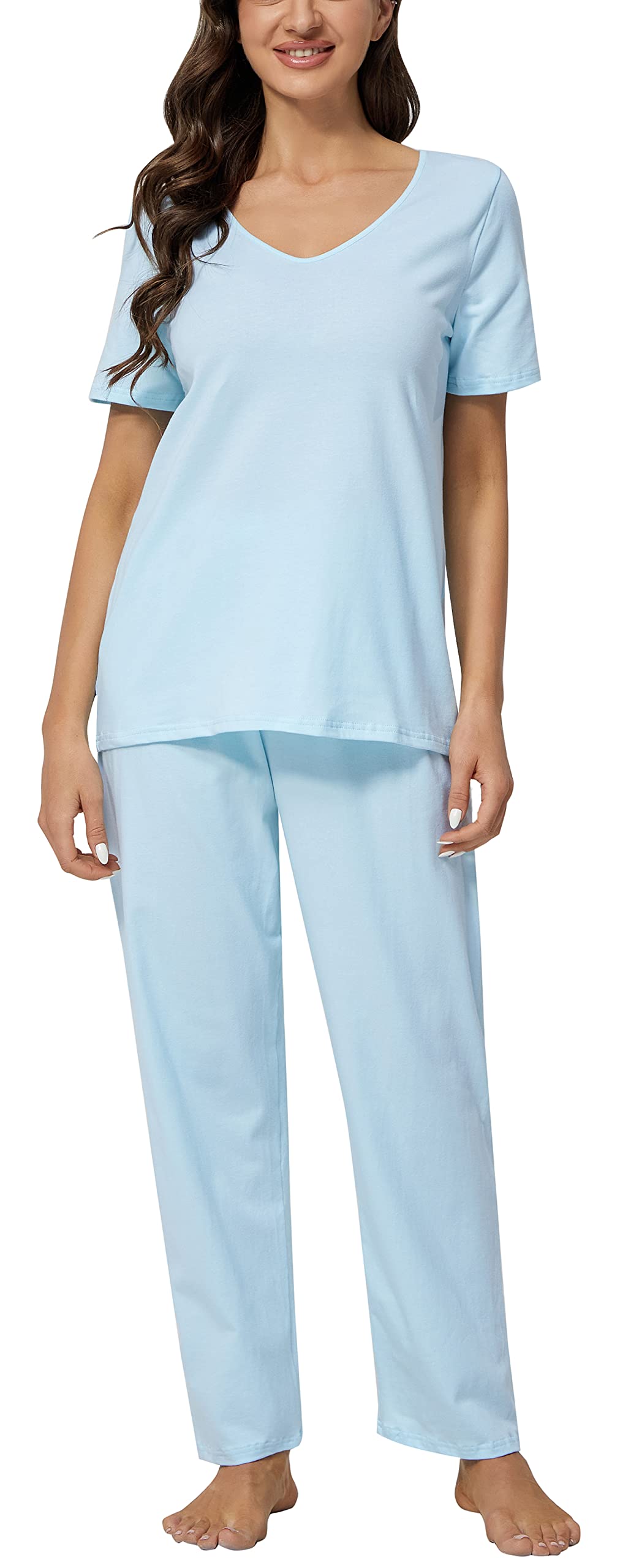 ChamllymersCotton Pajamas for Women Two Piece Pajama Set Short Sleeve V-neck Tops with Long Pants