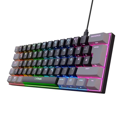 Trust Gaming GXT 867 Acira 60% Mechanische Tastatur Deutsches QWERTZ Layout, RGB Beleuchtung, Doppelt Belegte Tasten, USB Mini Tragbare Programmierbare Kleine Gaming Tastatur 60 Prozent PC Laptop