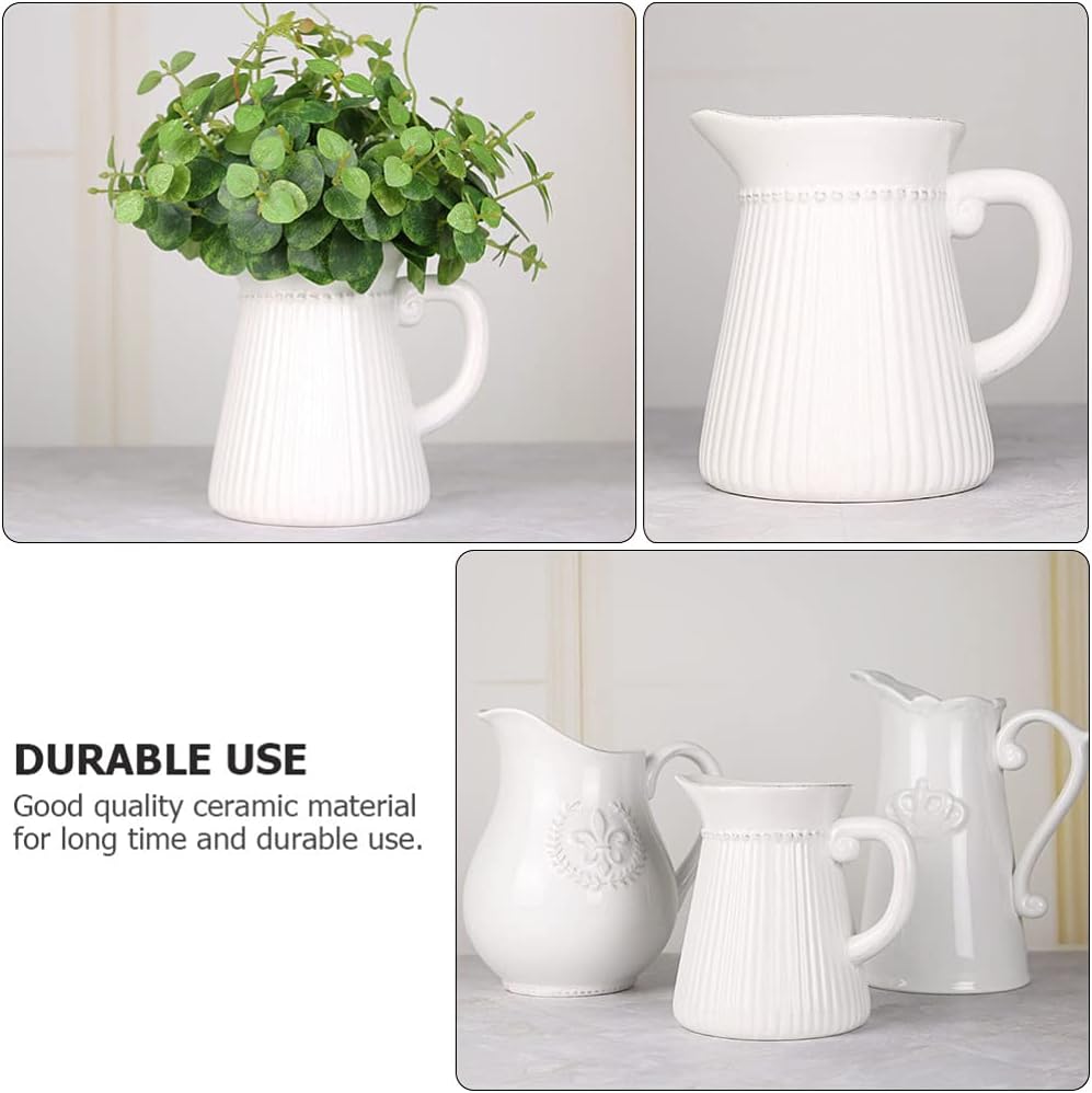 Amosfun Ceramic Pitcher Vase Flower Pot with Handle White Decorative Vase Water Pitcher Porcelain Flower Holder Arrangements Home Office Decoration - Image 9