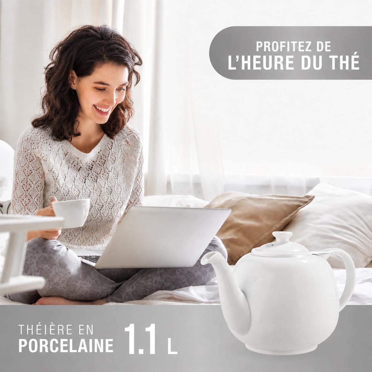 Urban Lifestyle Théière avec Filtre 1,1 Litre Théière en Fine Porcelaine de Haute Qualité avec Infuseur en Acier Inoxydable 800 ml Capacité Utile Anti Goutte Couvercle Stabilisé Blanche SWANSEA