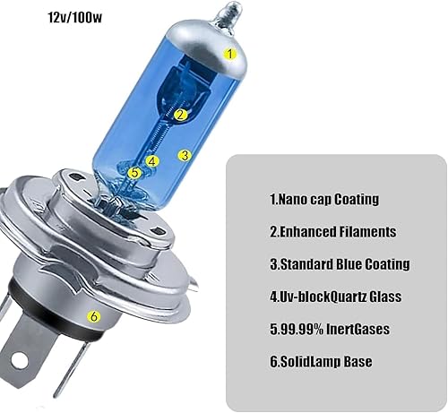 Miniatura 7 de Pack-2 H4 - Foco halógeno de haz bajo, 6000 K, luz blanca fría, luces antiniebla, haz alto H4 de 100 W, bombilla blanca súper brillante para la