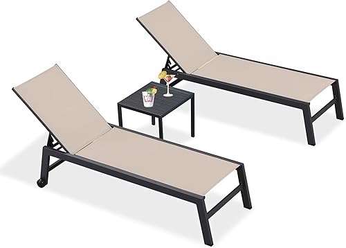 Miniatura 9 de PURPLE LEAF Tumbona para exteriores con ruedas para exteriores, 2 piezas, silla de patio de aluminio con 5 posiciones ajustables reclinables para