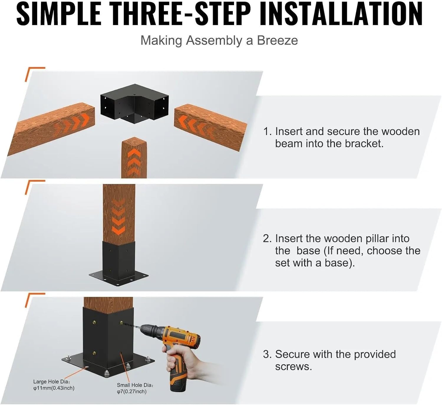 4x4 Three-Way Pergola Bracket Kit (4-Pack) - 2mm Powder Coated Steel w/80 Screws & Sail Mounting Holes