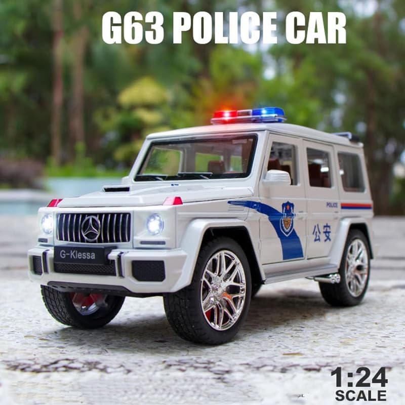 Image of Kids Model 1:24 G Wagon Jeep Police Die Cast Metal Car Pull Back Action Opening Doors with Realistic Engine Sound Lights Toy Car Gift for Boys - White