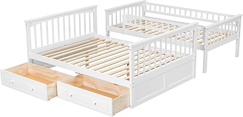 Miniatura 183 de Litera individual sobre matrimonial con cajones, escalera deslizante y almacenamiento, litera de madera con barandilla alta y escalera para niños,