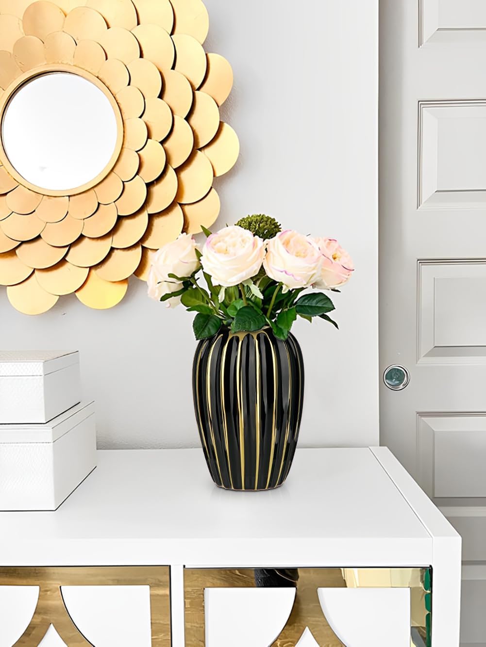 Briful Black Gold Ceramic Vase Home Decor, Ribbed Design, Porcelain Decorative Flower Vase, 8.2'' Tall Floral Vases for Table Desk Wedding Decoration - Image 5