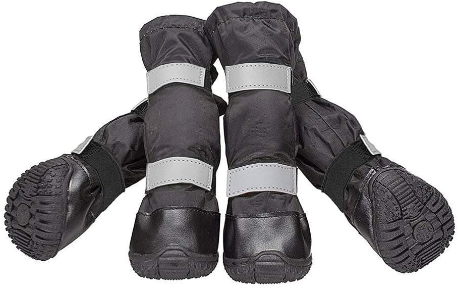 4 PCS Dog Boots Waterproof Dog Shoes with Reflective, Anti-Slip Pet Paw Protectors for Snowy, Rainy and Hot Pavement, Black, Large