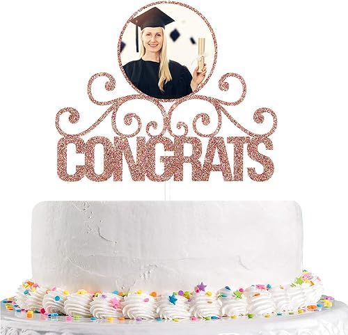 Miniatura 1 de Talorine Decoración para pastel con purpurina y marco de fotos, suministros especiales de decoración de fiesta de graduación de oro rosa