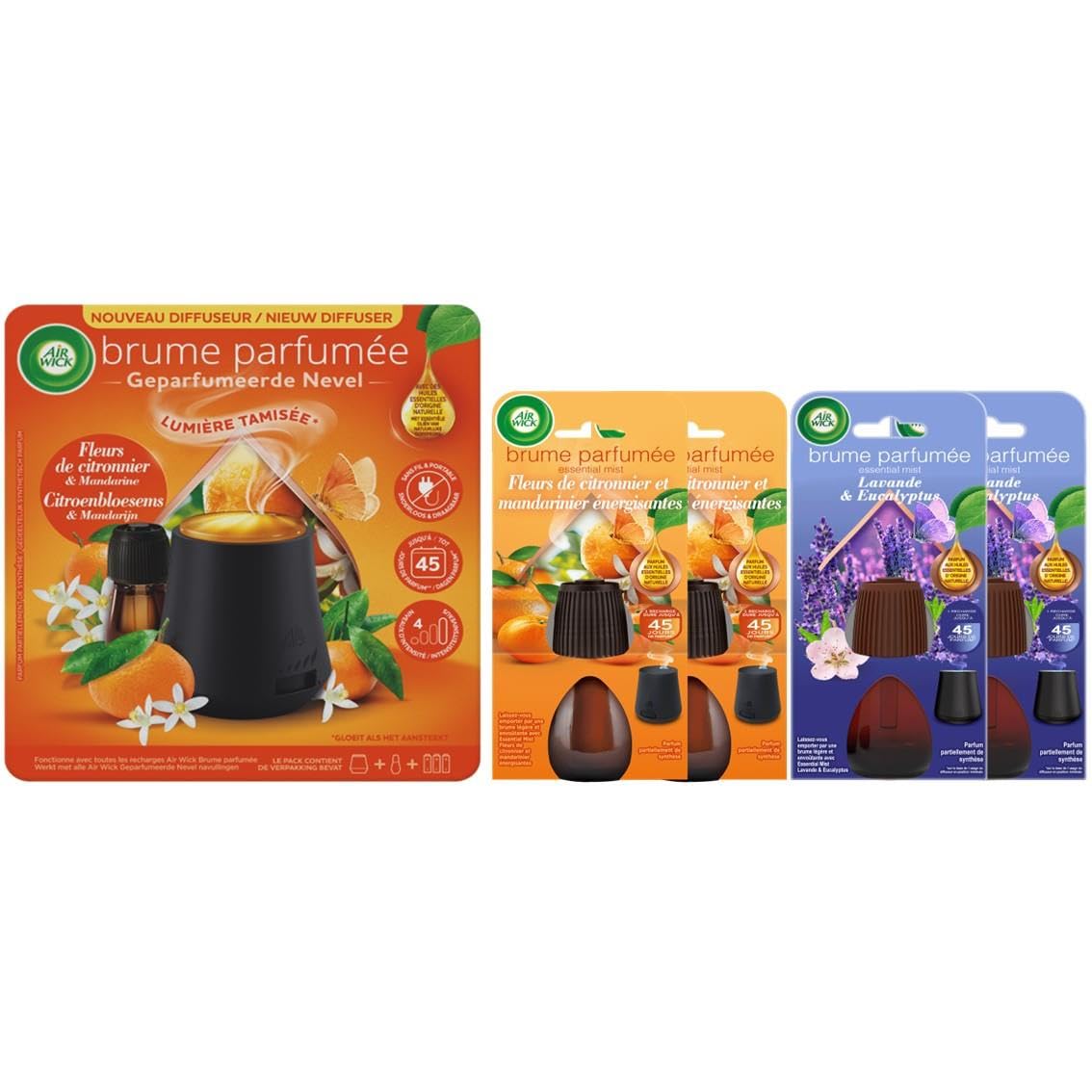 Air Wick Brume - Lote de 3 difusores luminosos, flor de limonero, 20 ml + 12 recargas: 6 flores de limonero + 6 lavanda y eucalipto
