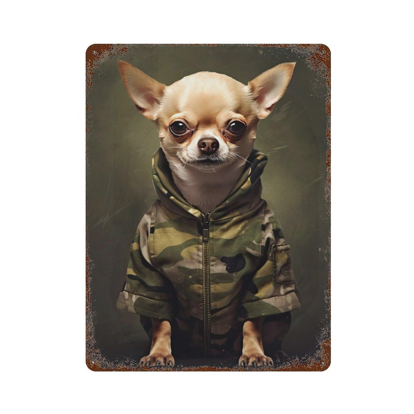Chihuahua Camo Jacket Vintage Metal Tin Sign 15.7"x11.8", Ideal for Cafe, Home Bar And Lounge Decor