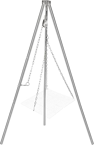 Miniatura 10 de Lineslife Parrilla de trípode de fogata para cocinar, parrilla de trípode de acero inoxidable duradera con rejilla redonda y bolsa de transporte