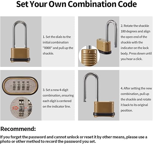 Miniatura 4 de Cerradura de combinación de 4 dígitos, candado combinado resistente con grillete largo para uso en exteriores, cobertizos, casilleros, unidad de