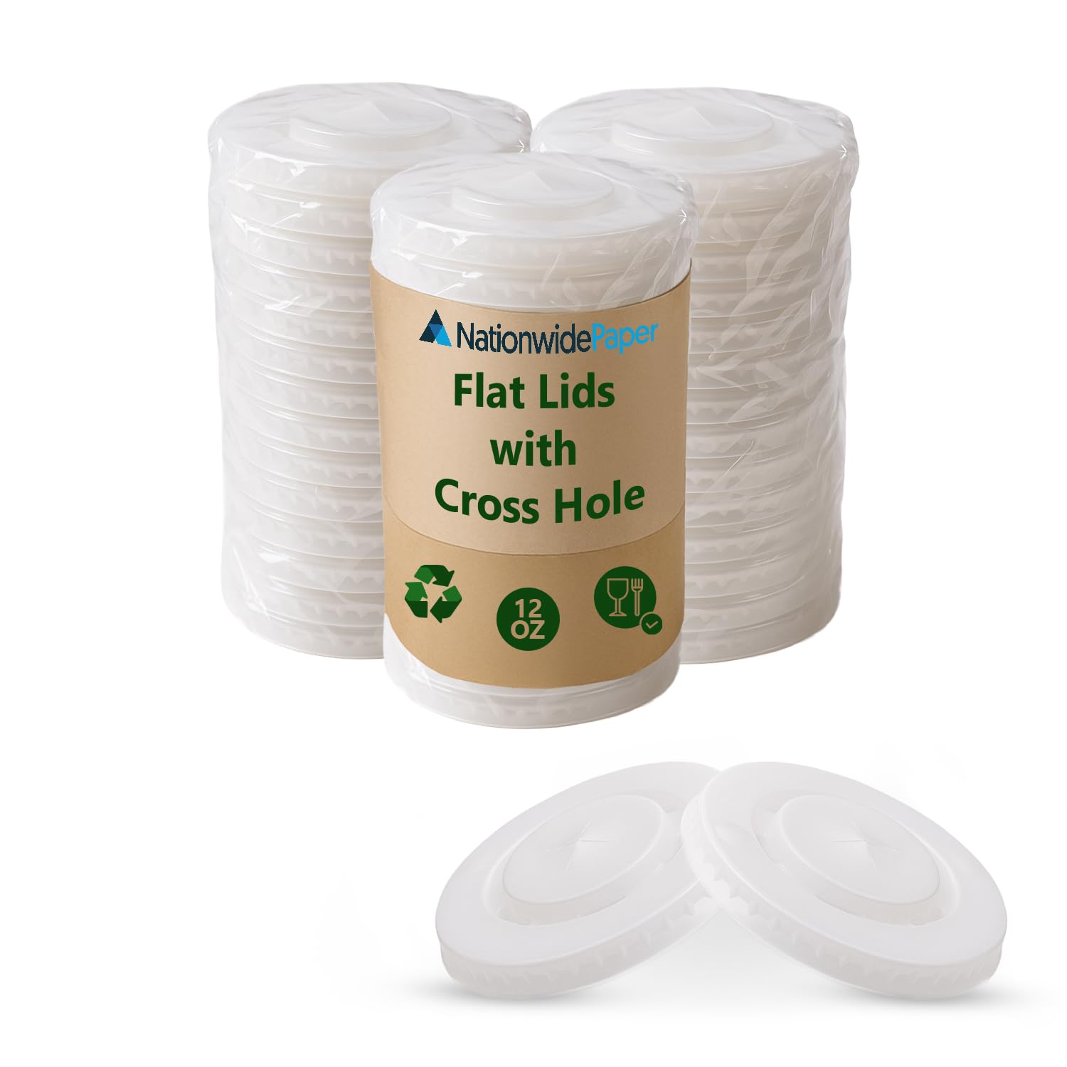Nationwide Paper 80mm Flat Lid with Cross Hole, Fits 12oz Cups, Spill-Resistant & Convenient, Pack of 100
