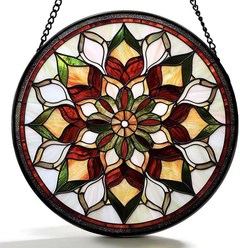 Mandala Stained Glass Suncatcher for Window  Tiffany-Style Floral Hanging Glass Panel, Colorful Round Window Art Decoration for Home, Meditation