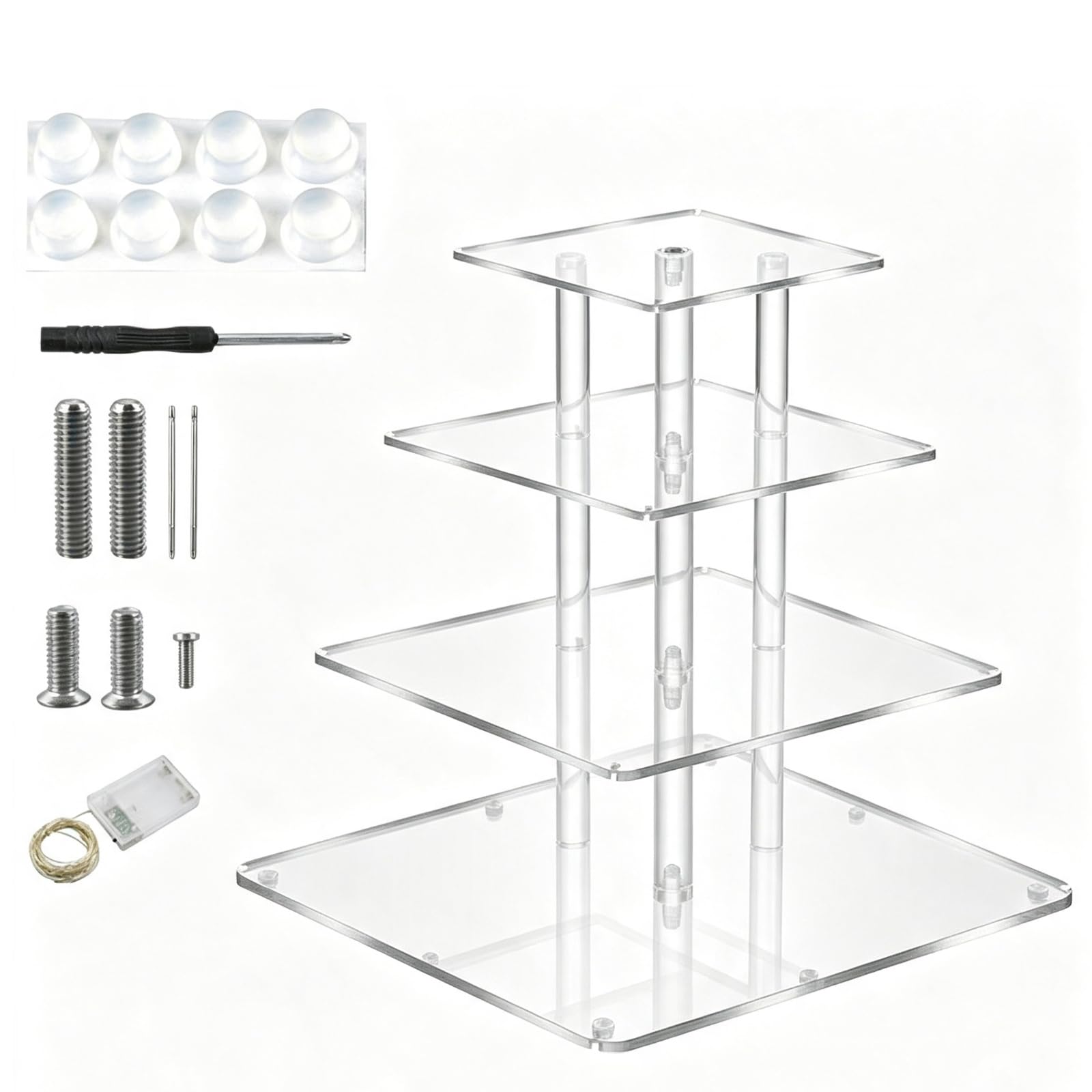 Présentoir en Acrylique Présentoir Gâteau Plateau Dessert Support Pâtisserie avec Éclairage Intégré Colonne Centrale et Panneaux Transparents Modernes , 4 Niveaux