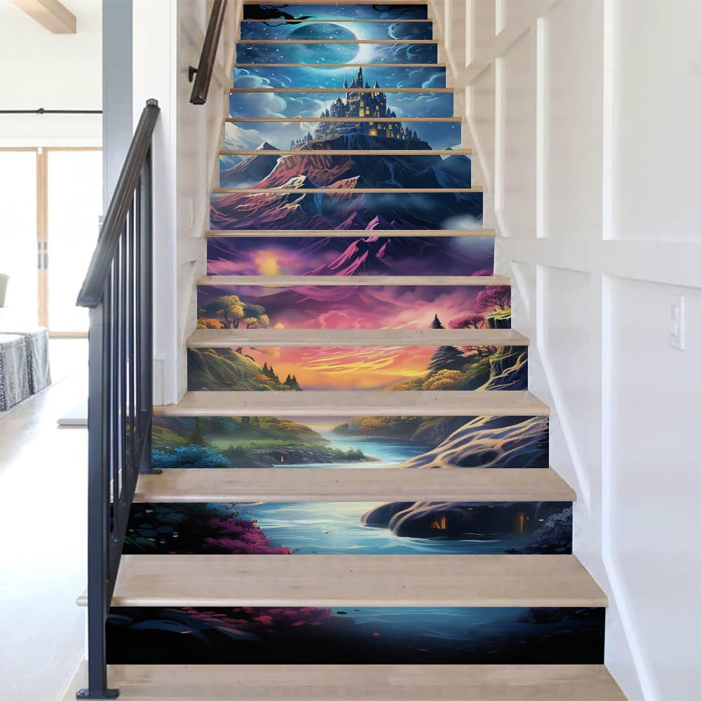 REDAMANCY Fantasy Science World Creative Peel and Stick Vinyl Stair Riser Decals Staircase Tile Stair Stickers Abstract Art Modern Decoration Self-Adhesive Home Decor Stair Decals (14 Pcs)