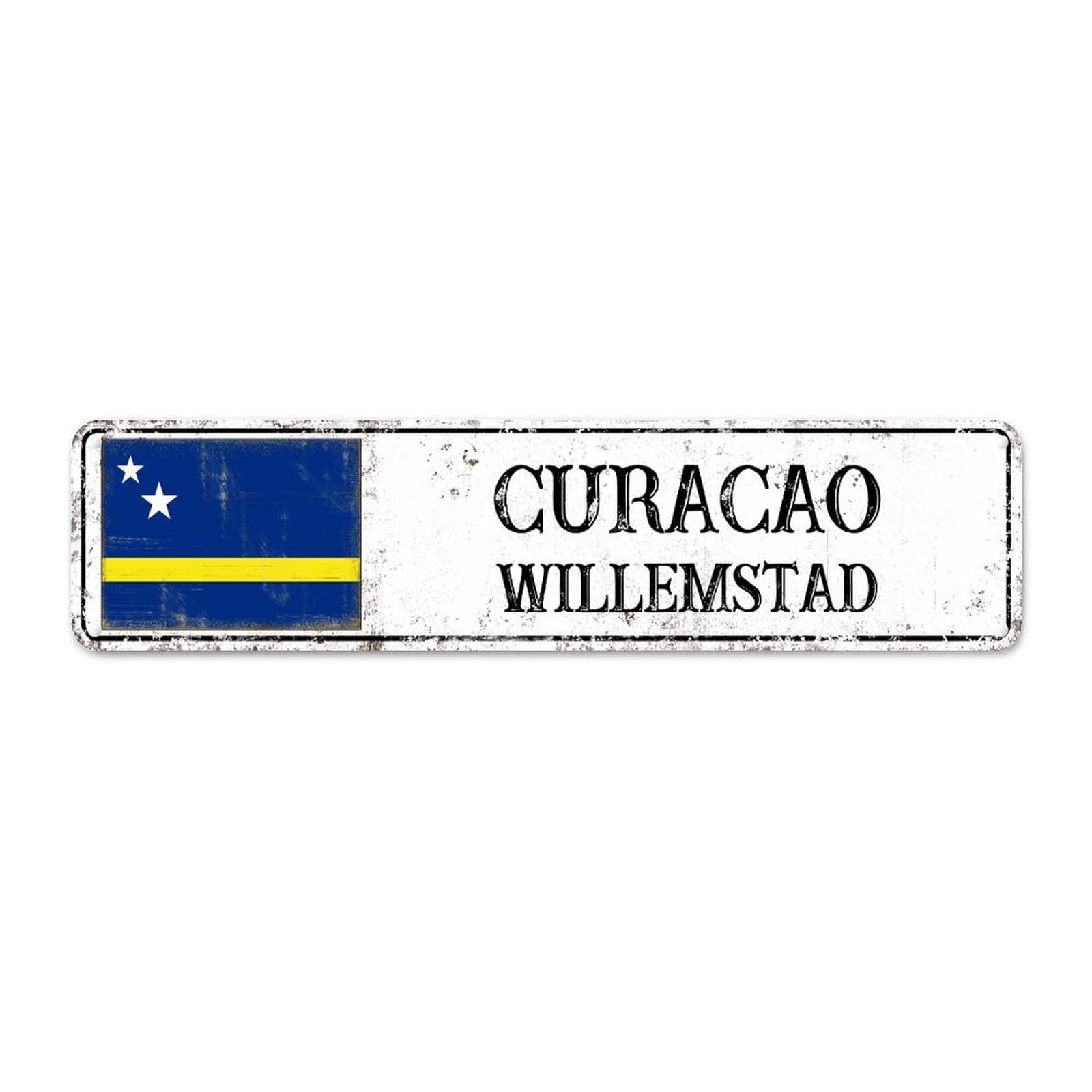 Curacao Flag Street Sign Custom Capital City of Curacao Signs City Souvenir Metal Sign Country Souvenir Vintage Rustic Wall Art For Bedroom living Room Funny Gift for Foreign Friend, Neighbor 12x3in