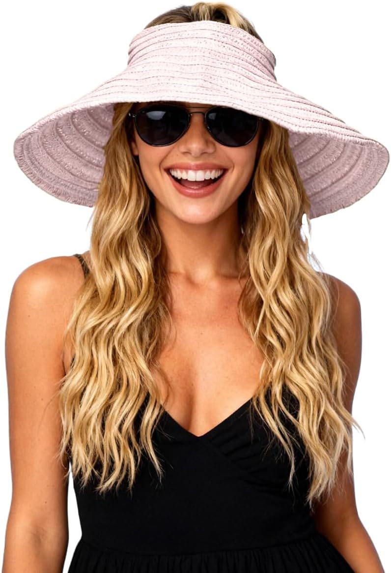 Wide Brim Foldable Straw Visor Hat for Women,UV Protection Packable Sun Hat for Travel,Outdoor