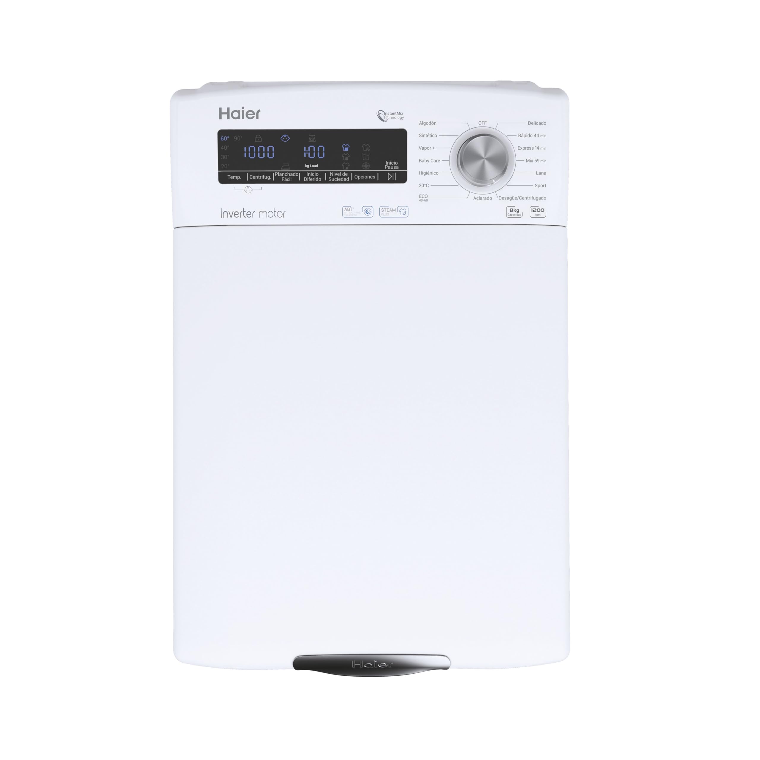Haier RTXSG28TMC5/1-37 Lavadora carga superior 8KG, 5 Ciclos de Vapor, Motor Inverter, Tratamiento Antibacterias, 1200RPM, Fin Diferido, Apertura suave, Detector automático de KG, 16 programas, Blanco