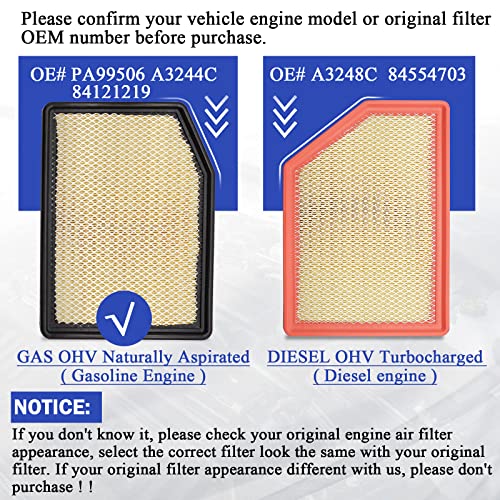 PA99506 Engine Air Filter for 2019-2022 Chevy Silverado 1500 Silverado 2500 HD Silverado 3500 HD Tahoe Suburban Tahoe/GMC Sierra 1500 Yukon/Cadillac Escalade 84121219 A3244C (Gasoline Engine ONLY)