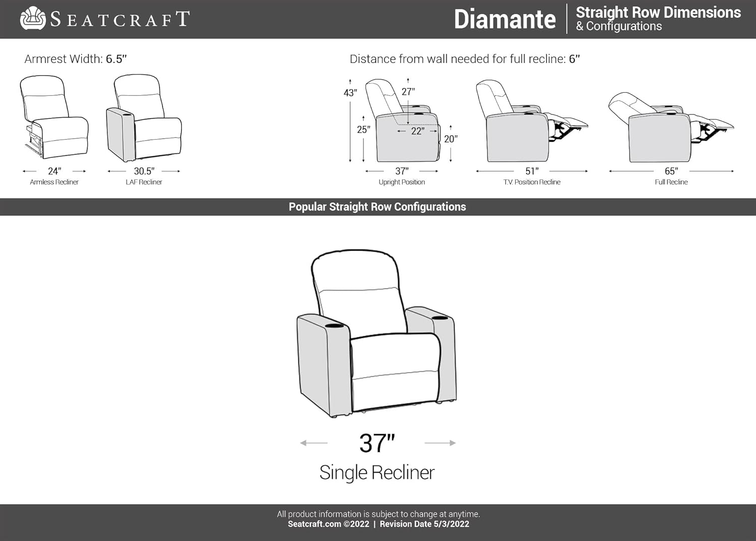Seatcraft Diamante - Home Theater Seating - Power Recline - Top Grain Leather - Powered Headrests - Cupholders - USB Charging - Ambient Lighting - Arm Storage, Single Recliner, Brown : Home & Kitchen