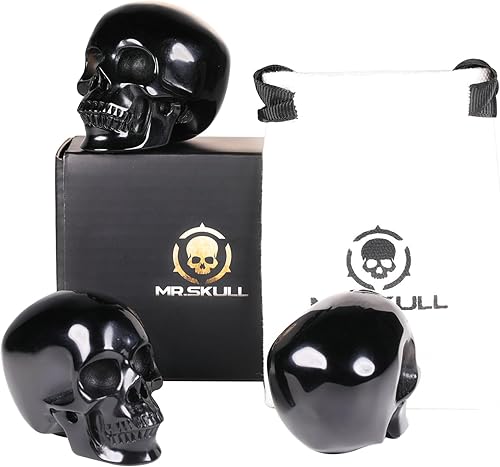 Vista 7 de MR.SKULL Calavera de cristal de obsidiana negra de 2.0 pulgadas, escultura de arte fino de piedras preciosas talladas a mano, estatua de piedra
