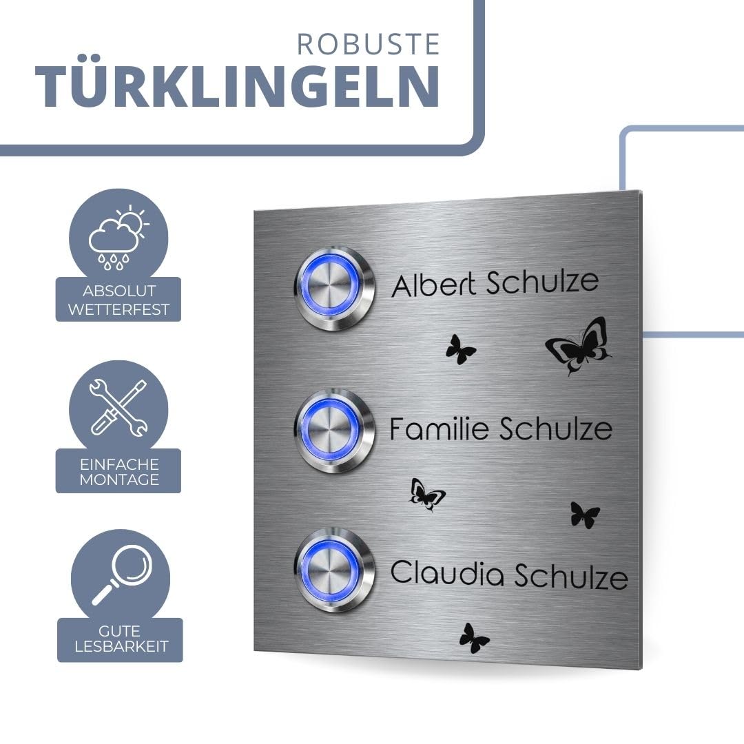 3 Fach Edelstahl Mehrfamilien Türklingeln mit Gravur - Klingel Modell Schulze 9x10,5 cm und Premium LED Klingelknopf | Klingelschilder optional mit schönen Acrylplatten | Gravierte Klingelplatte