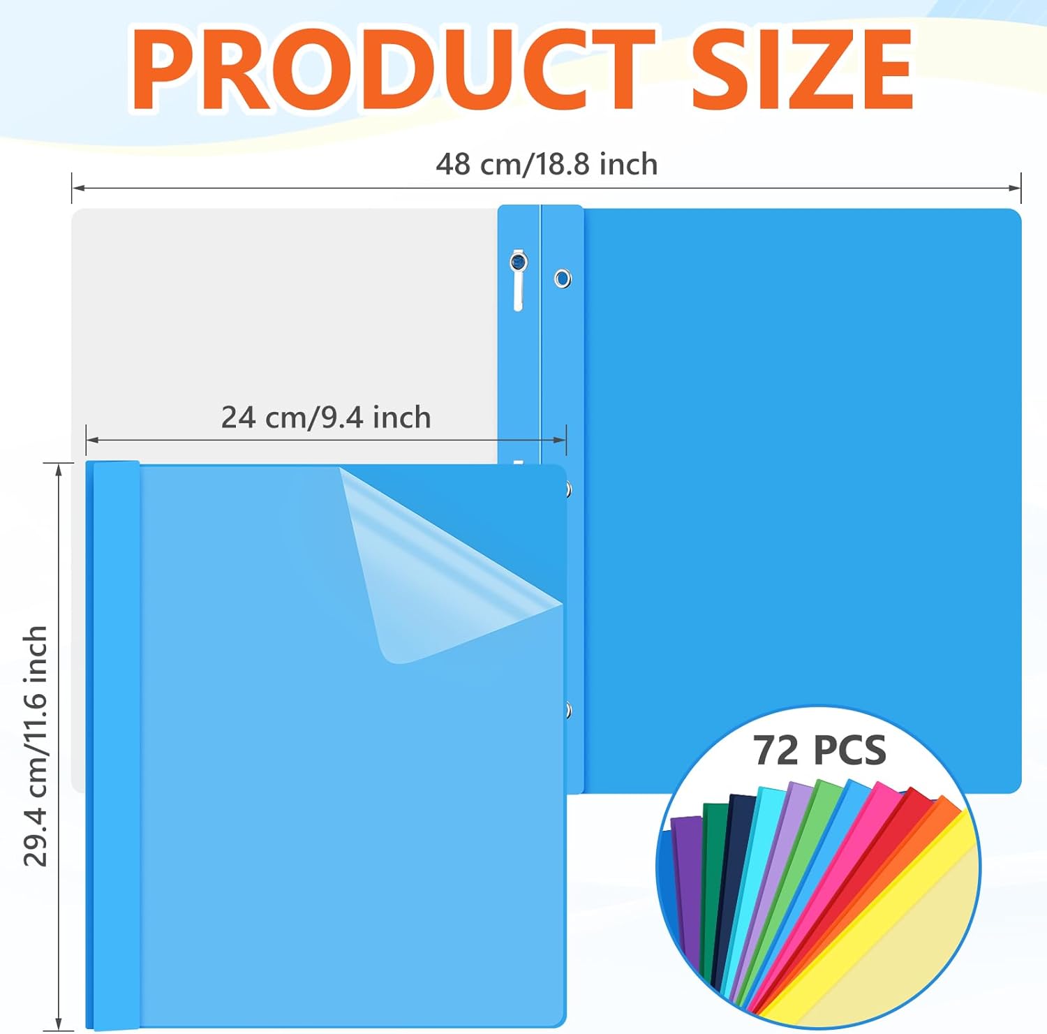 72 pack plastic report covers with 3 prongs presentation folders bulk, 100 sheet capacity, clear front report covers for presentation document paper school office supplies (colorful) colorful 72