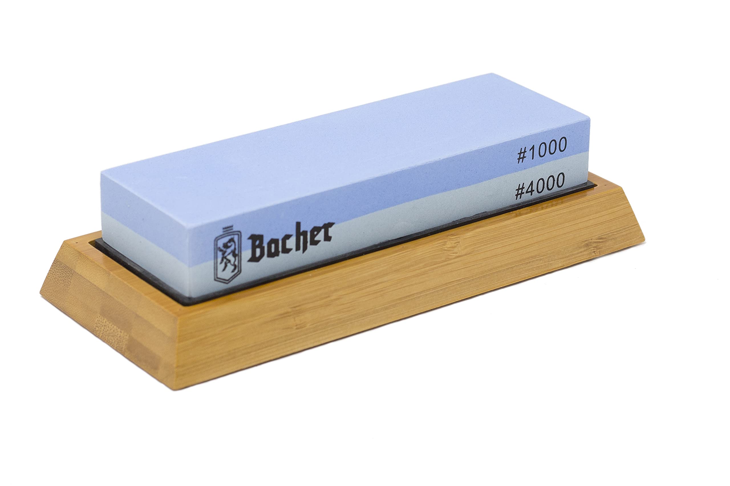Pierre à Aiguiser Premium Bacher. Pierre à Affuter à Double Face, Grains 1000/4000 – Aiguiseur pour Couteaux avec Support en Bambou, Pierre Aplatissante et Guide électronique Détaillé