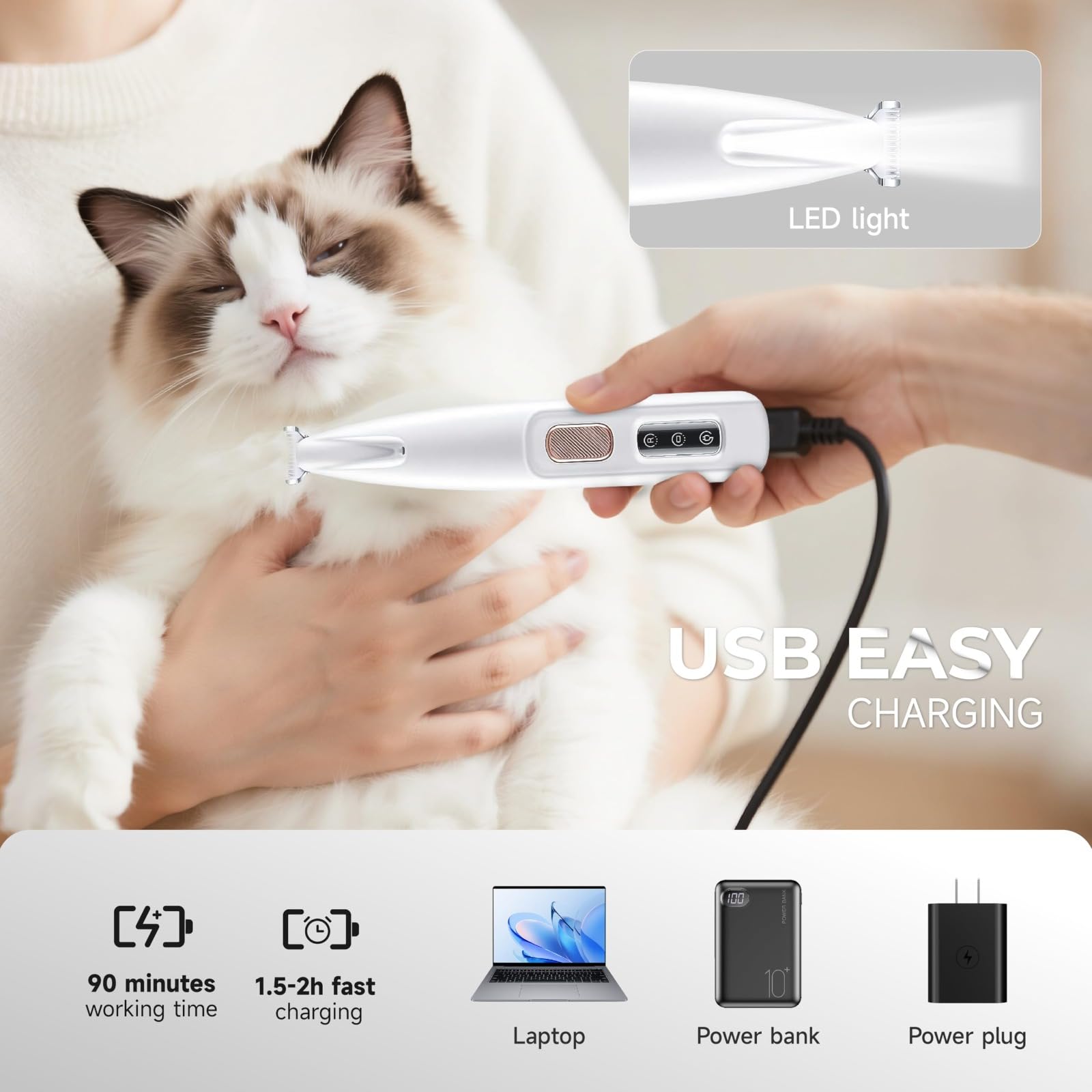 Patounet Tondeuse Pour Chat – Tondeuse Électrique De Précision Ultra-Silencieuse, Lames Sûres Et Hypoallergéniques, Ne Blessera Pas Votre Chat, Rechargeable Chiens, Chats, Pattes, Yeux, Oreilles, Visa