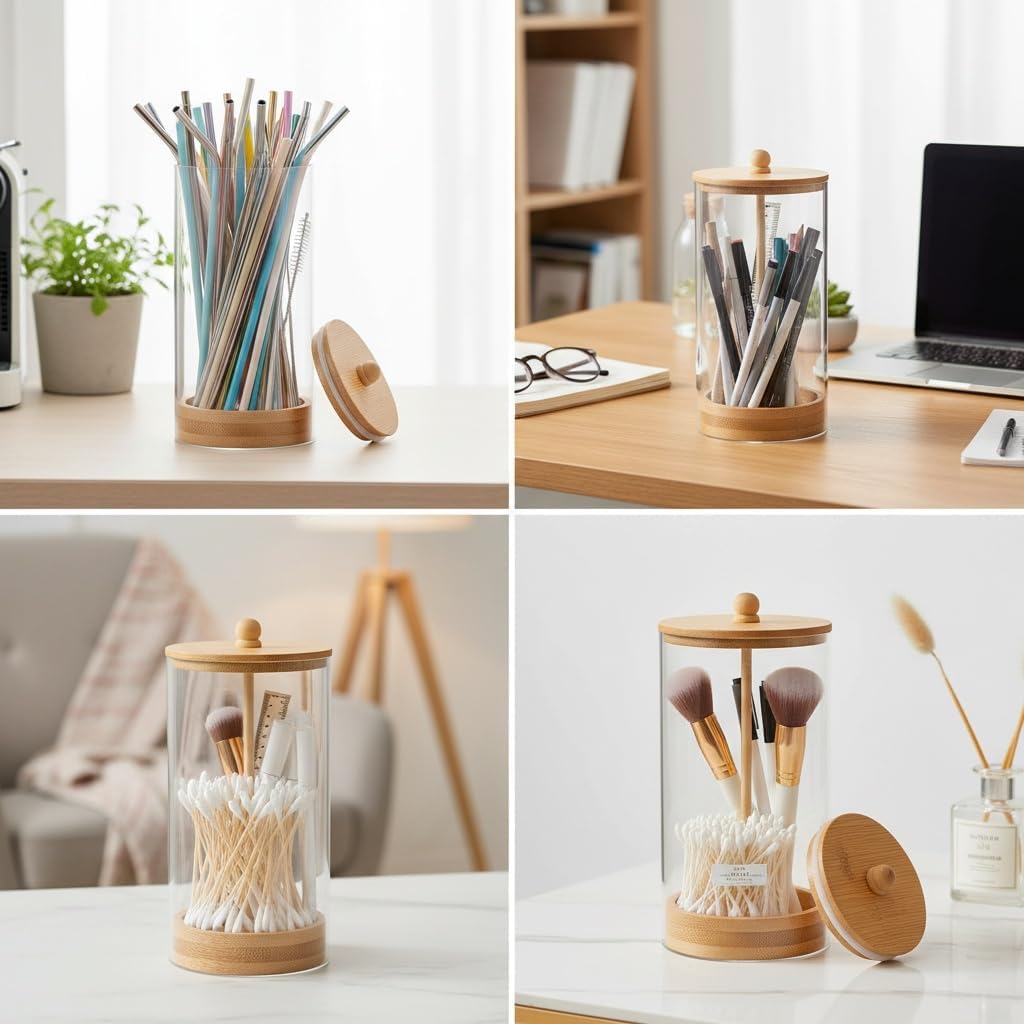 VALICLUD Transparent Straw Organizer with Lid Acrylic Straw Holder for Counter Space Saving Organizer for Reusable Straws Pens Makeup Brushes Cabinet Kitchen Storage 6.69 X 3.14 X 3.14 in