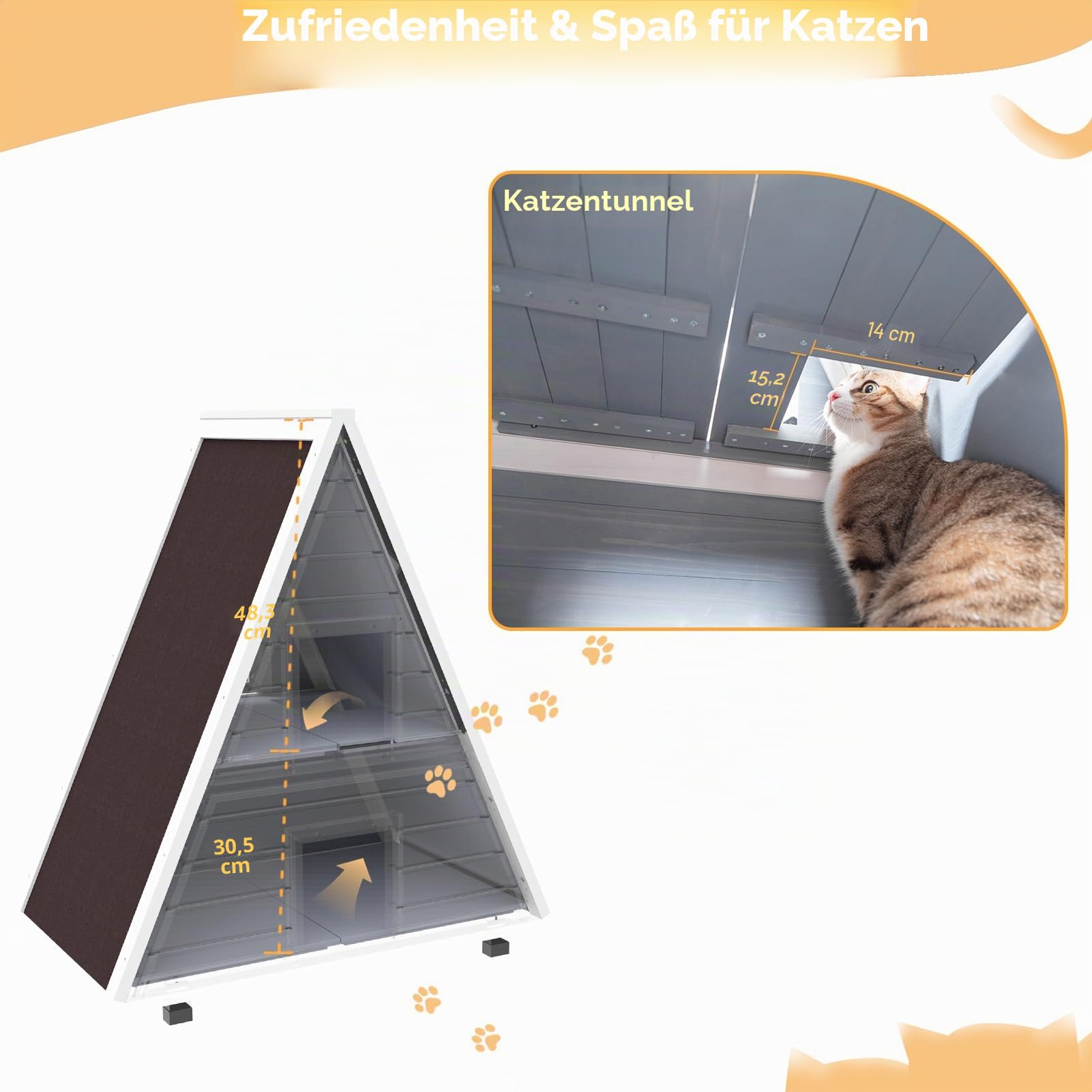 Petsfit Katzenhaus Outdoor Winterfest mit Fluchttür Katzenhaus Outdoor Holz mit erhöhtem Design Katzenhöhle für Draussen Katzenhütte Wetterfest aus Spießtannenholz, Grau/2 Etagen