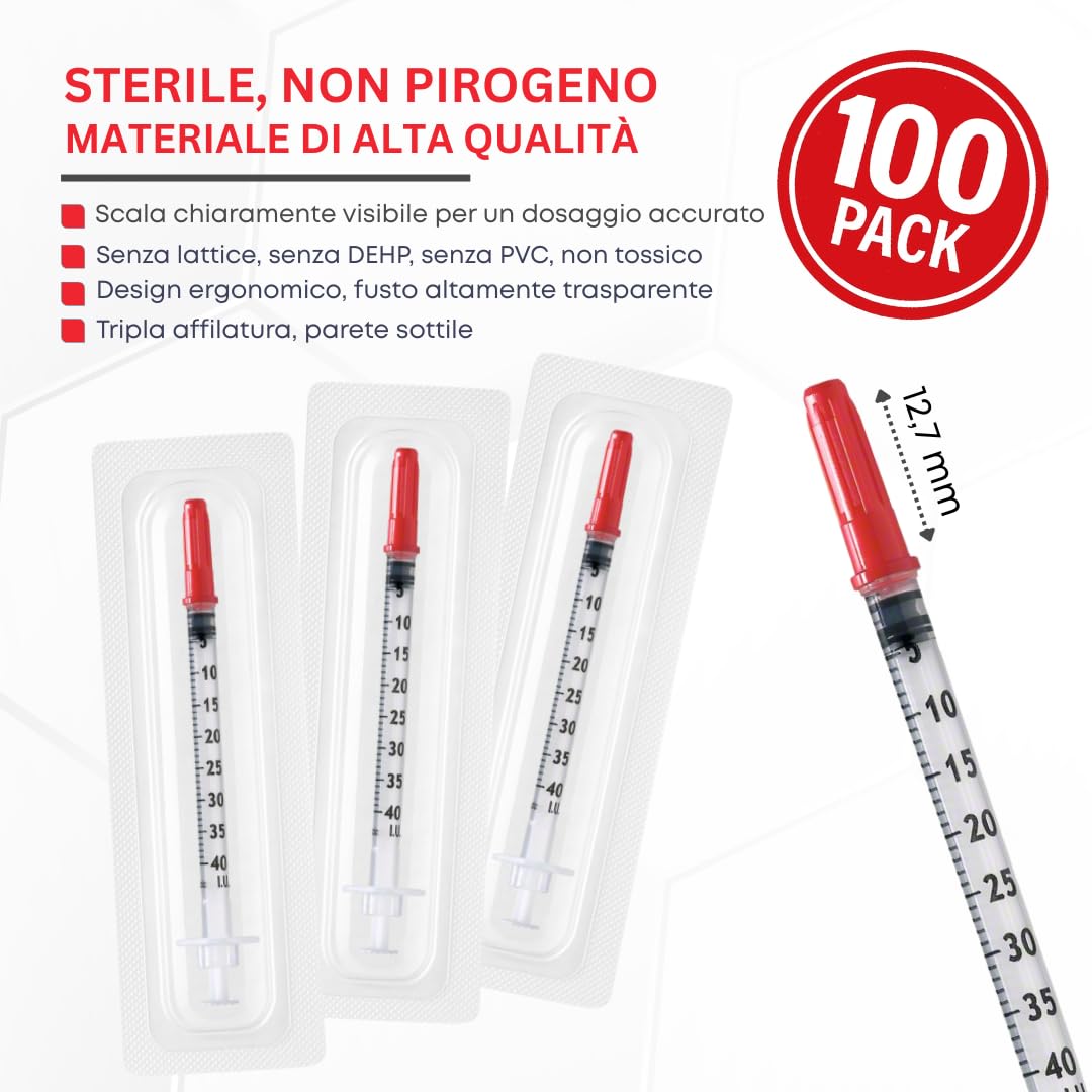 100 pezzi 1ml U40 Plastic Tube 29G x 1/2" (0,33 x 12,7 mm) – Confezionato singolarmente – Per la cura degli animali – Strumenti di misurazione e dosaggio multiuso precisi