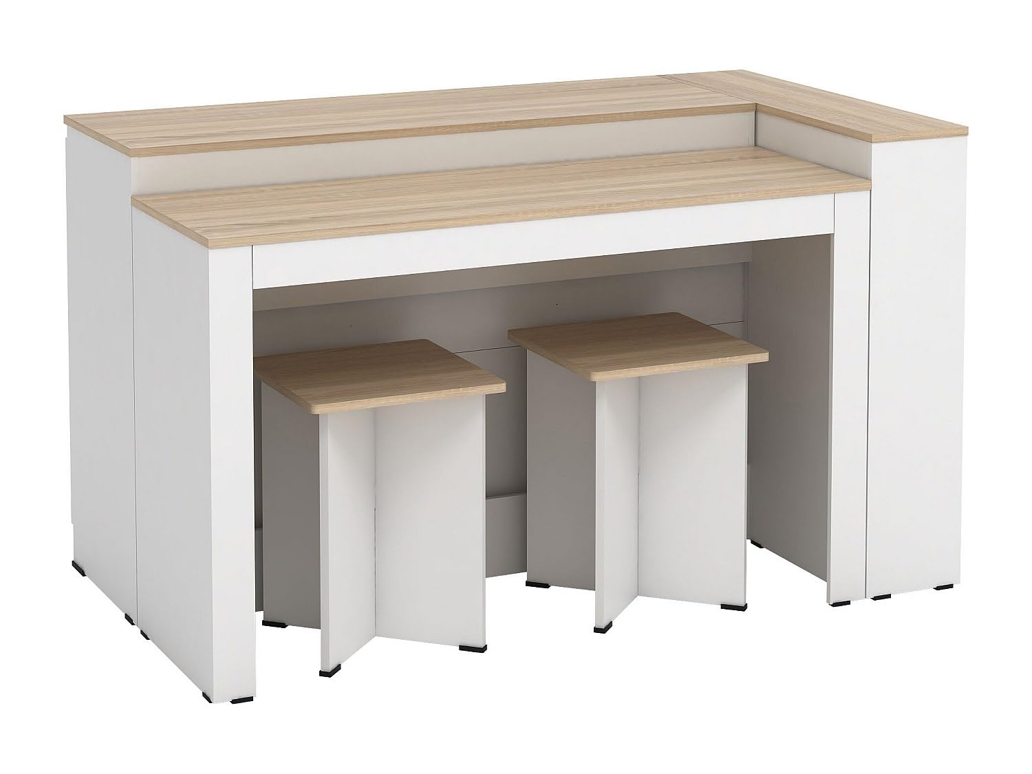 Vente-unique - Ensemble îlot Central de Cuisine + 2 tabourets - Blanc et Naturel Clair - NUSICE