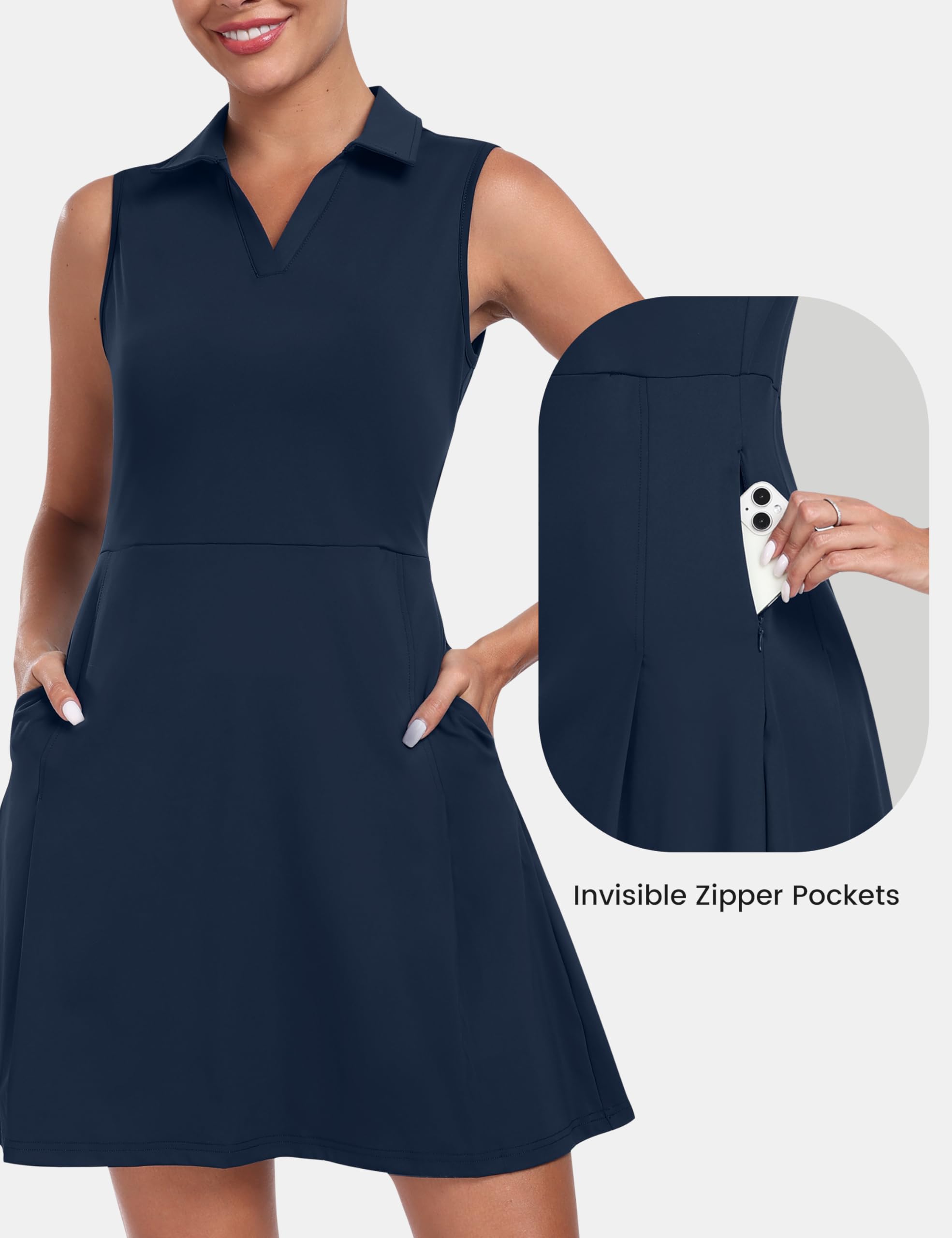 MoFiz Tenniskleid mit Hose Damen Ärmellos V-Ausschnitt Sommer Golf Sportkleider Freizeitkleider Polokleid mit Reißverschlusstaschen