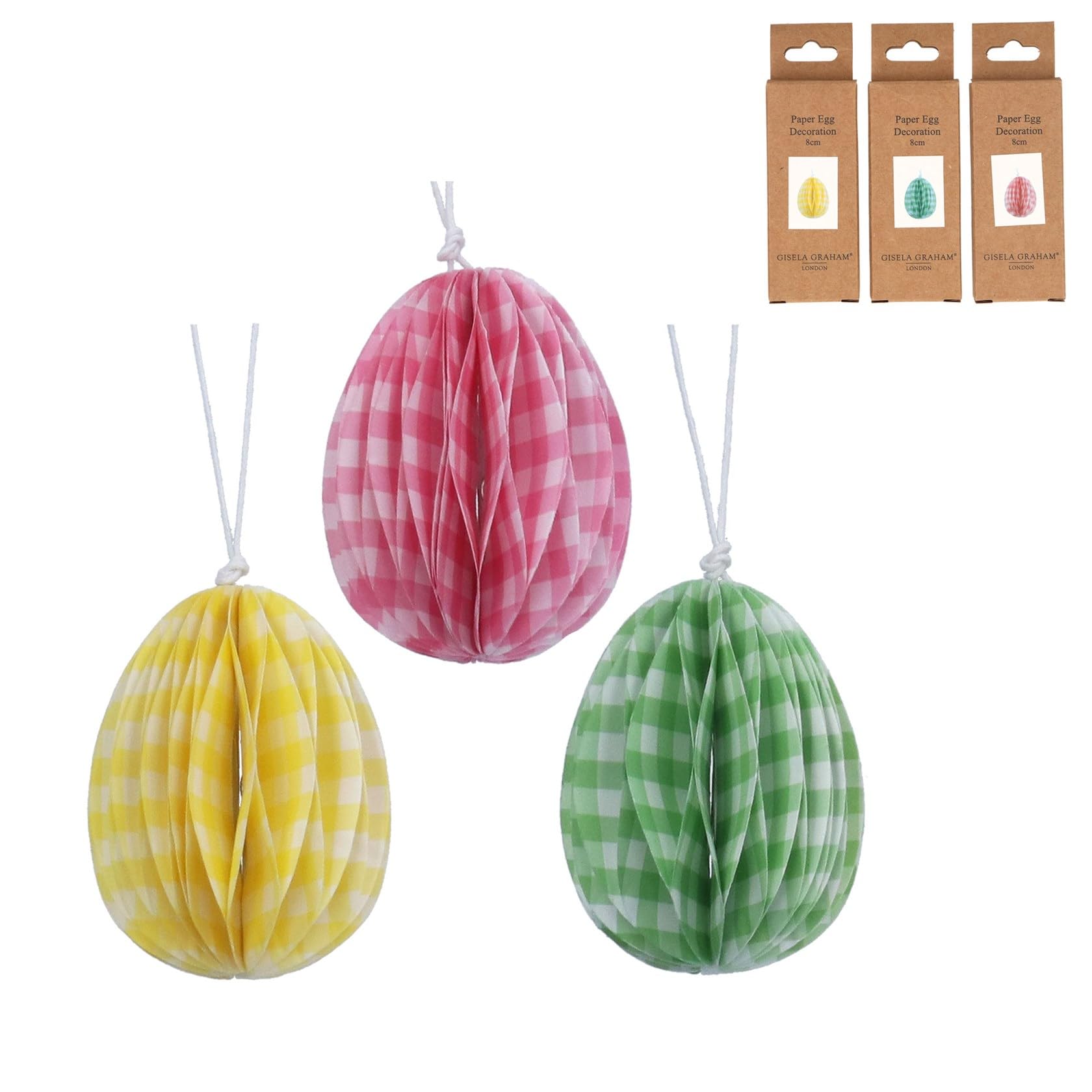 Gisela Graham Gingham Paper Easter Egg Decorations Set of 3 Hanging Spring Decor