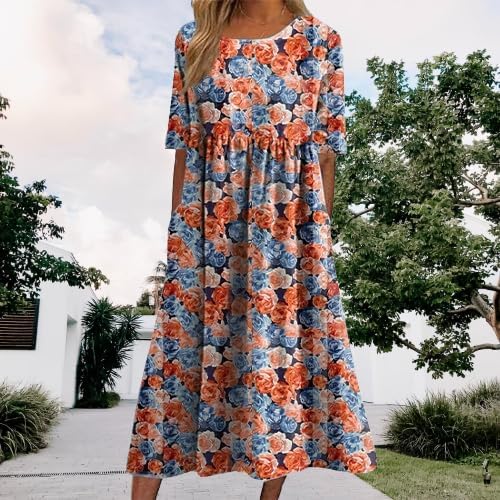 Summer Boho Dress Floral Print Short Sleeve Crewneck Casual Fashion High Waist Dresses with Pockets - Image 3