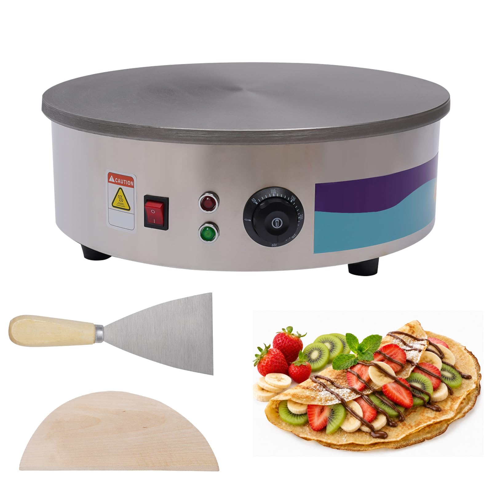 Crepiera, diametro 45 cm, con spatola e spatola, 3 kW | Temperatura regolabile da 50 a 300 °C, 2 spie luminose, ideale per la preparazione di pancake e altre colazioni