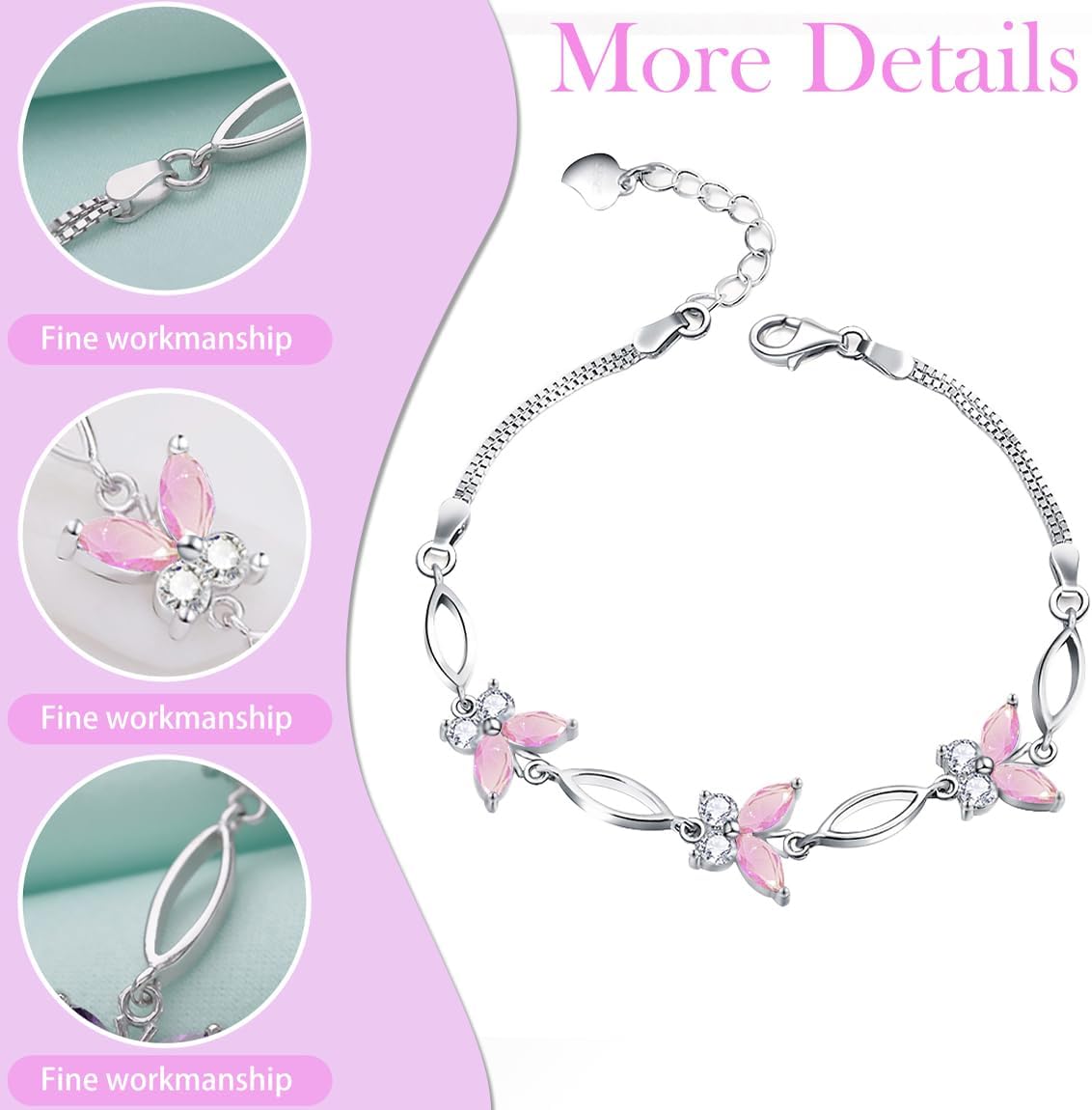 Gifts for Women S925 Sterling Silver Purple Butterfly Bracelet,Adjustable Charm Bracelets Jewelry Present for Women,Anniversary Holiday Christmas Birthday Gifts for Mother Wife Daughter - Image 4