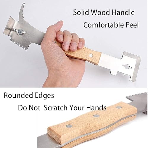 Miniatura 6 de AukBeeFun Herramientas multiusos de colmena de acero con mango de madera y 7 funciones de apicultura herramienta raspadora de colmena profesional