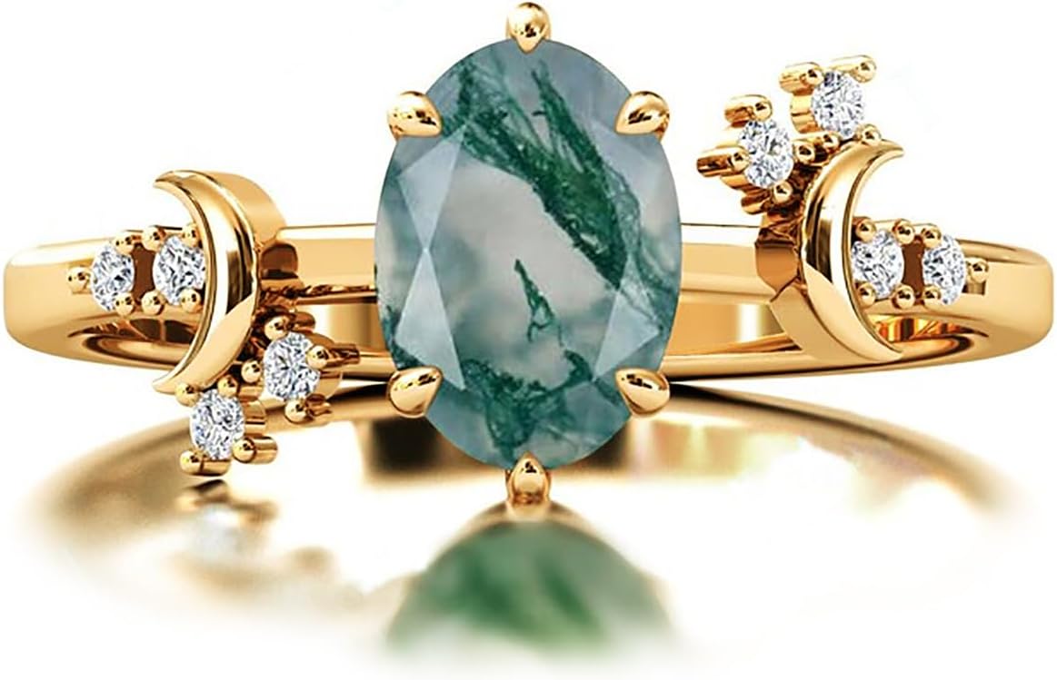 10K/14K/18K Solid Gold Moon Goddess Moss Agate Rings with Moissanite Natural Moss Agate Engagement Rings Natural Green Moss Agate Promise Anniversary Wedding Rings for Women