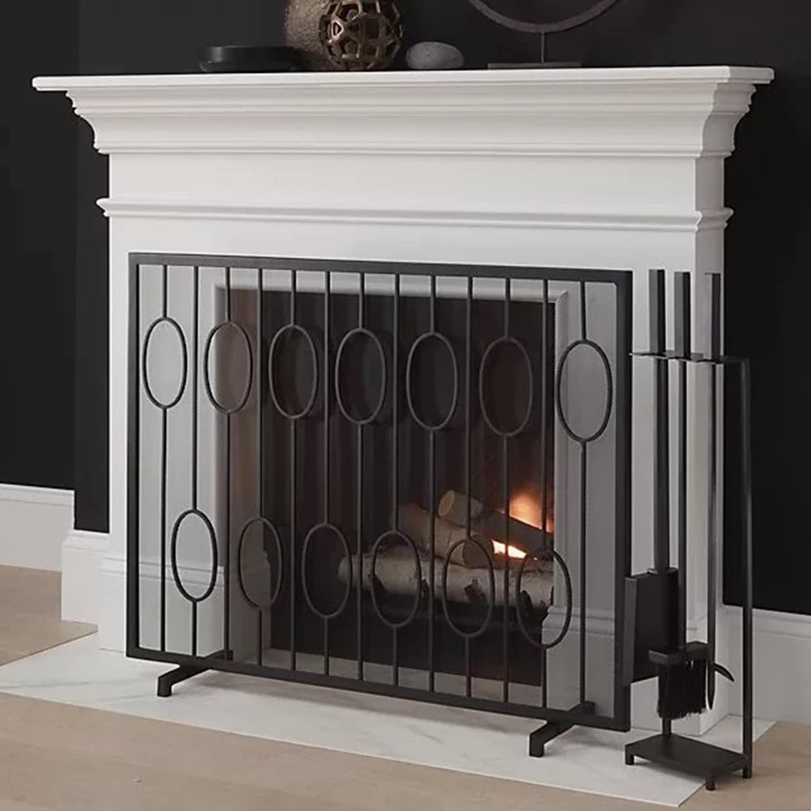 Industrial Style Fireplace Screen Flat 95×75Cm, Single Panel Spark Flame Fire Guard With Support Feet, Flame Furnace Fence,