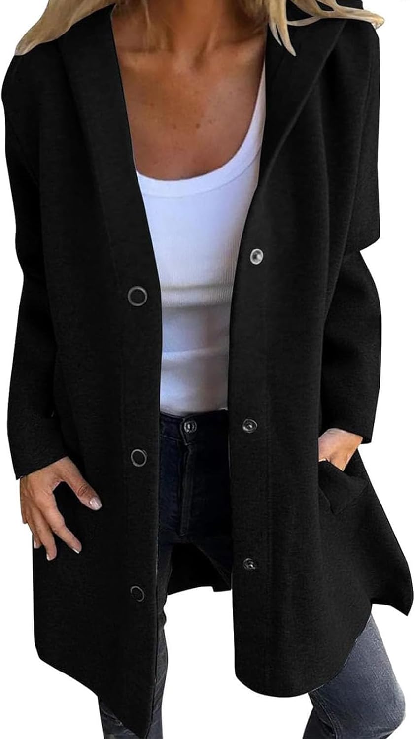 Womens Casual Hooded Jacket 2025 Lapel Lightweight Long Sleeve Button Up Overcoat Single-Breasted Hooded Jacket - Image 2