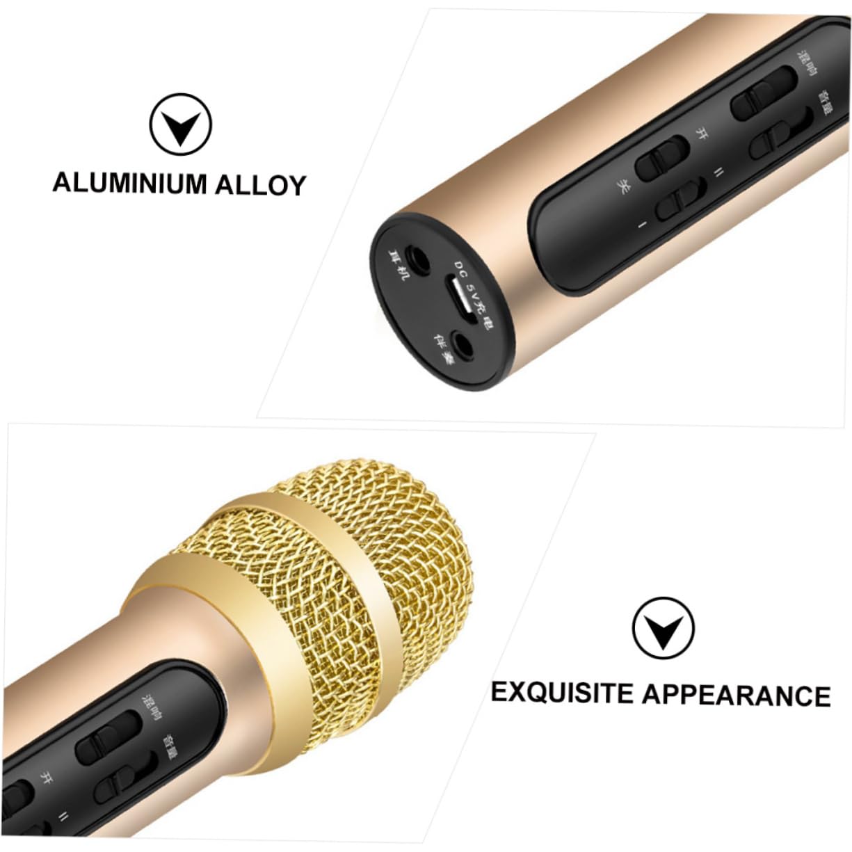 Beaupretty Micrófono Ktv de Mano Carga USB, Profesional Dorado