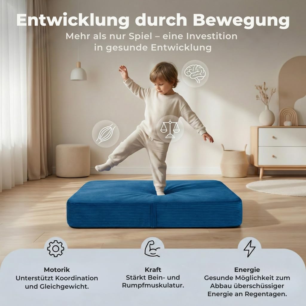 Hüpfpolster für Kinder Indoor | Hüpfkissen 70x110x17 cm mit Federn & Schaumstoff | Kindertrampolin für Zuhause | Hüpfmatte mit abnehmbarem Cordbezug | Trampolin Indoor Kinder | Hellgrau