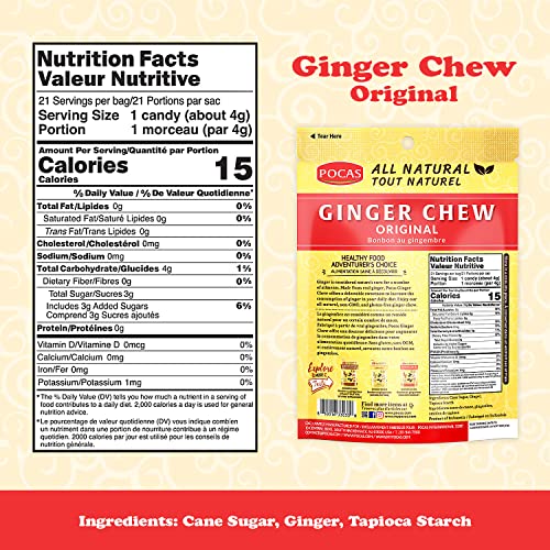 Pocas Original Ginger Chews - Sweet and Zesty Ginger Chew, Individually Wrapped Low-Calorie Snacks, Ginger Candy Made with Pure Cane Sugar, 3 Oz Ea (Pack of 4) - Thumbnail 2