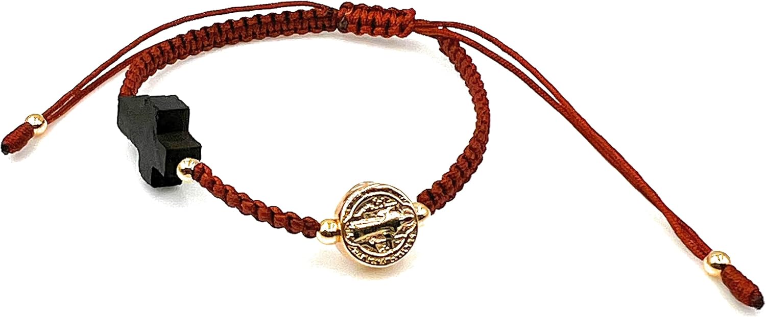 LESLIE BOULES Ligth Brown Thread Bracelet for Women with Gold Plated Saint Benedict Round Connector & Genuine Azabache Cross - Image 8