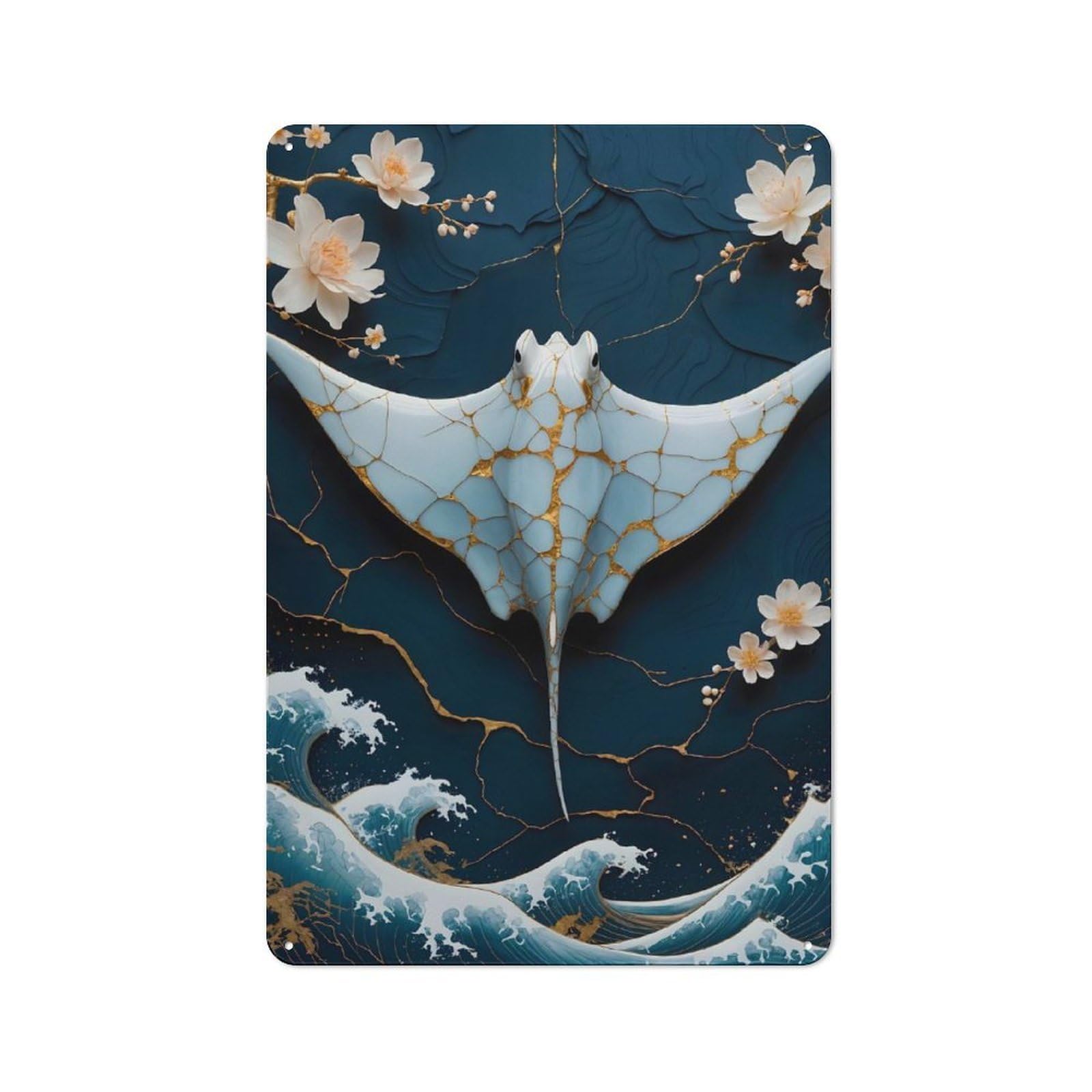 Junmoney Stingray Kintsugi Art Rustic Tin Sign 30X20cm Featuring For Bar Or Restaurant, A Housewarming Gift For Bar Decor Enthusiasts